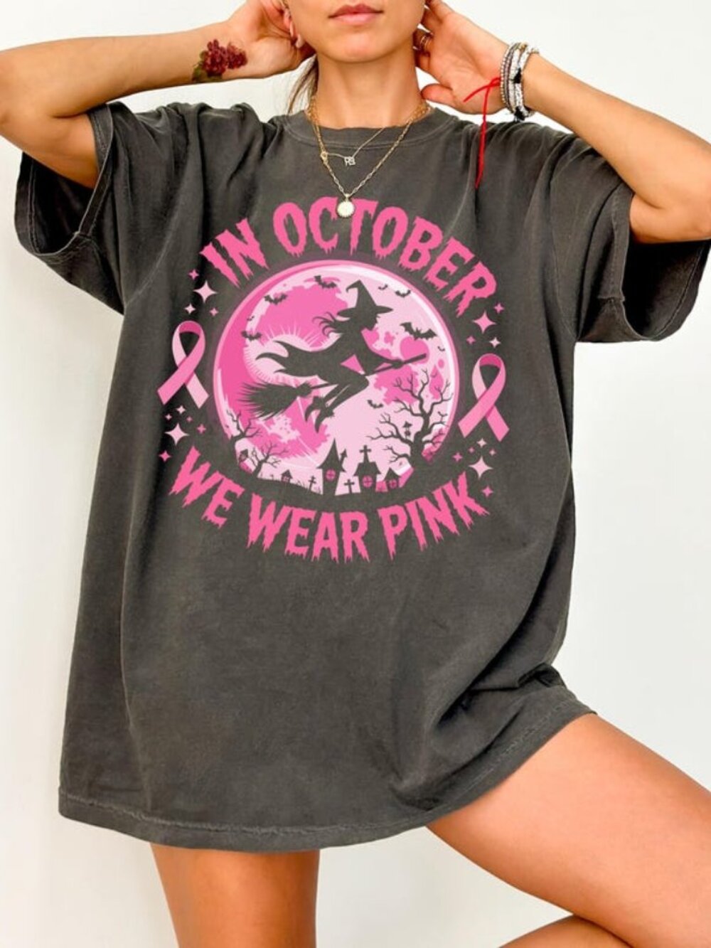 In October We Wear Pink Witch Shirt, Breast Cancer Awareness Tee - Picture 1 of 4